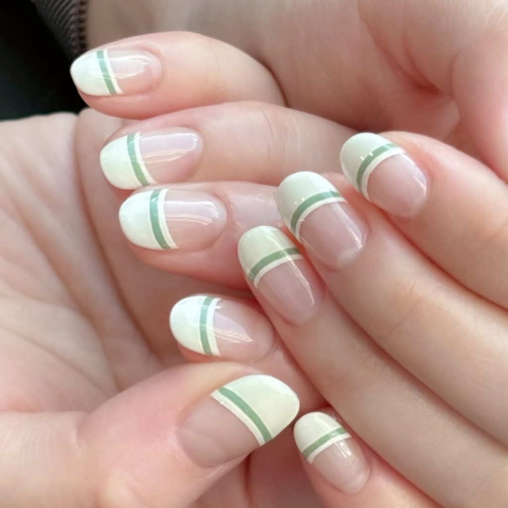 Mẫu nail tối giản với French Tips kết hợp họa tiết đường kẻ xanh bạc hà.