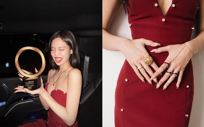 Jennie (BLACKPINK) tích cực lăng xê bộ móng chrome vàng ánh kim và sơn jelly màu yến mạch tại lễ trao giải Billboard.